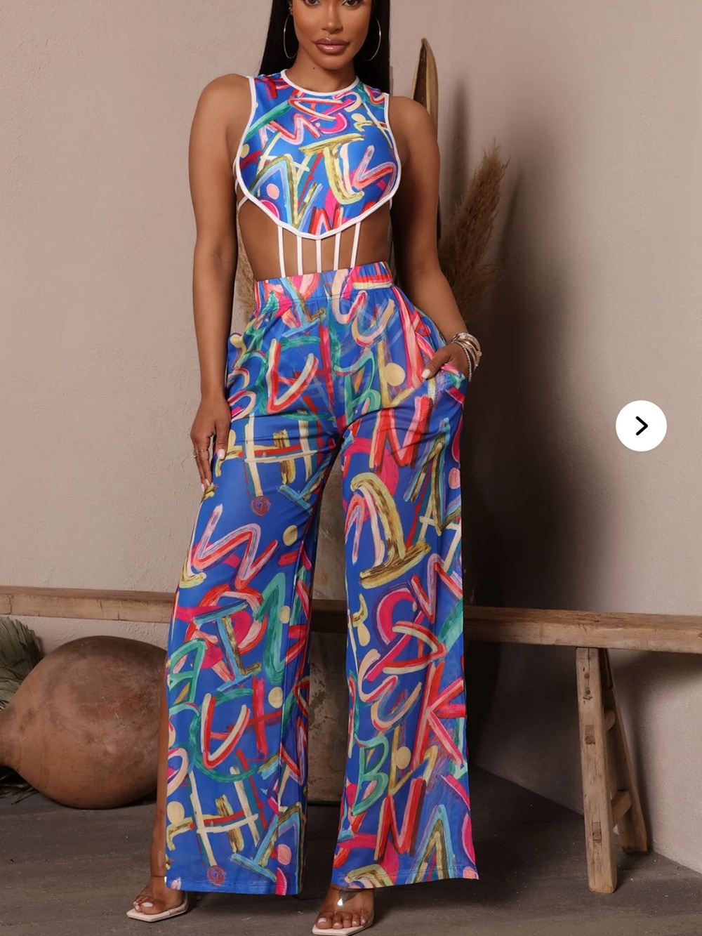 Fashion Nova Blue Multicolor Abstract Wide-Leg Jumpsuit